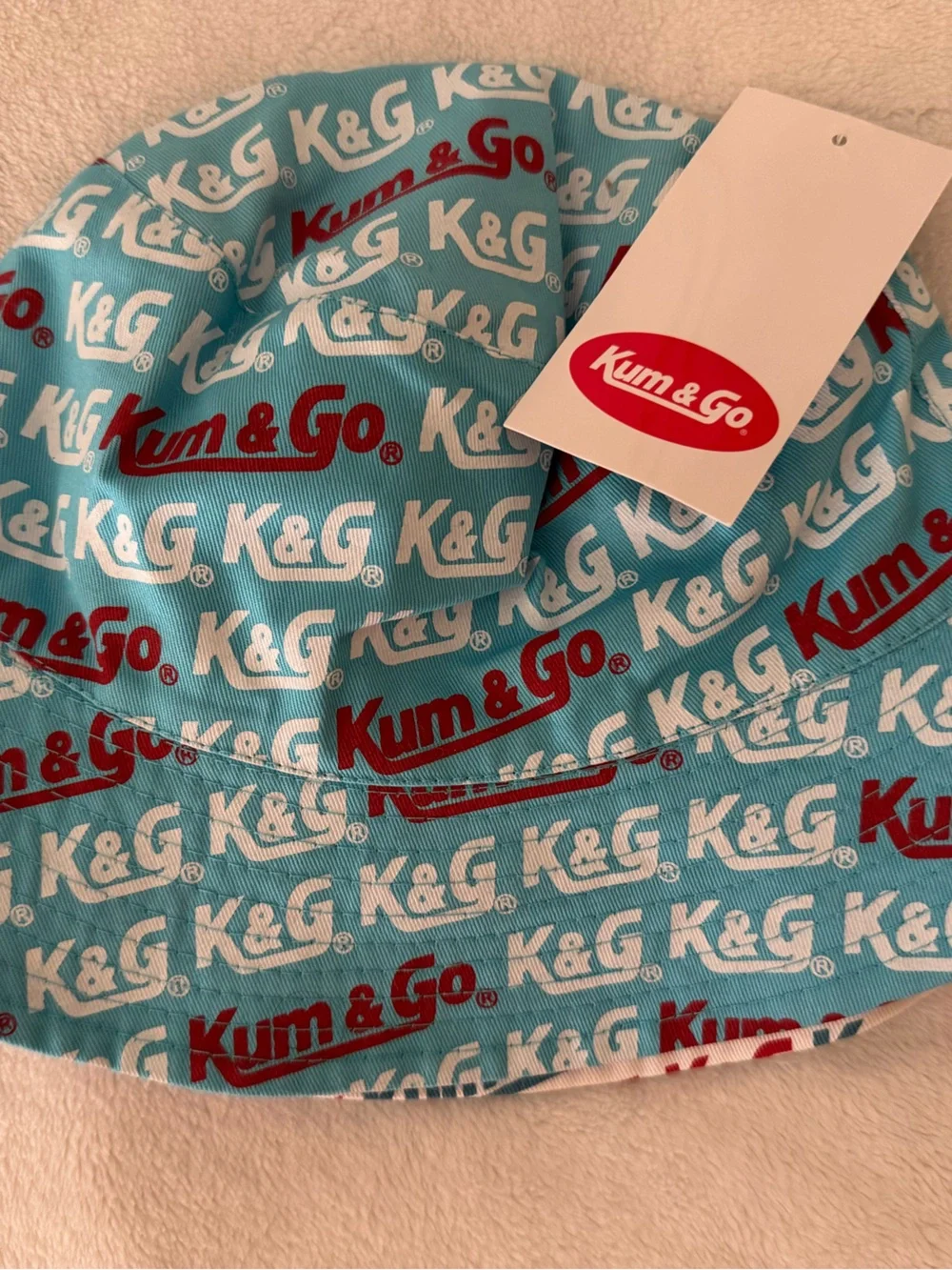 Kum & Go- Aqua with Red & White Logo reversible bucket hat.